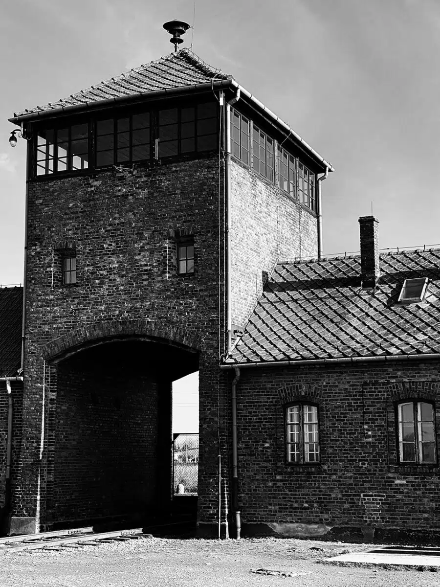 Train tracks and gatehouse of Auschwitz II-Birkenau.
