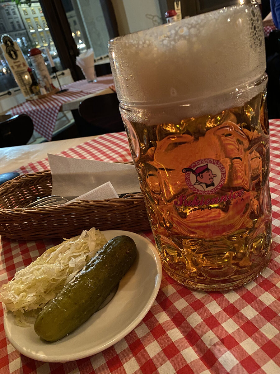 Restauracja Sukiennice, schnitzel, pickles and beer, Kraków.