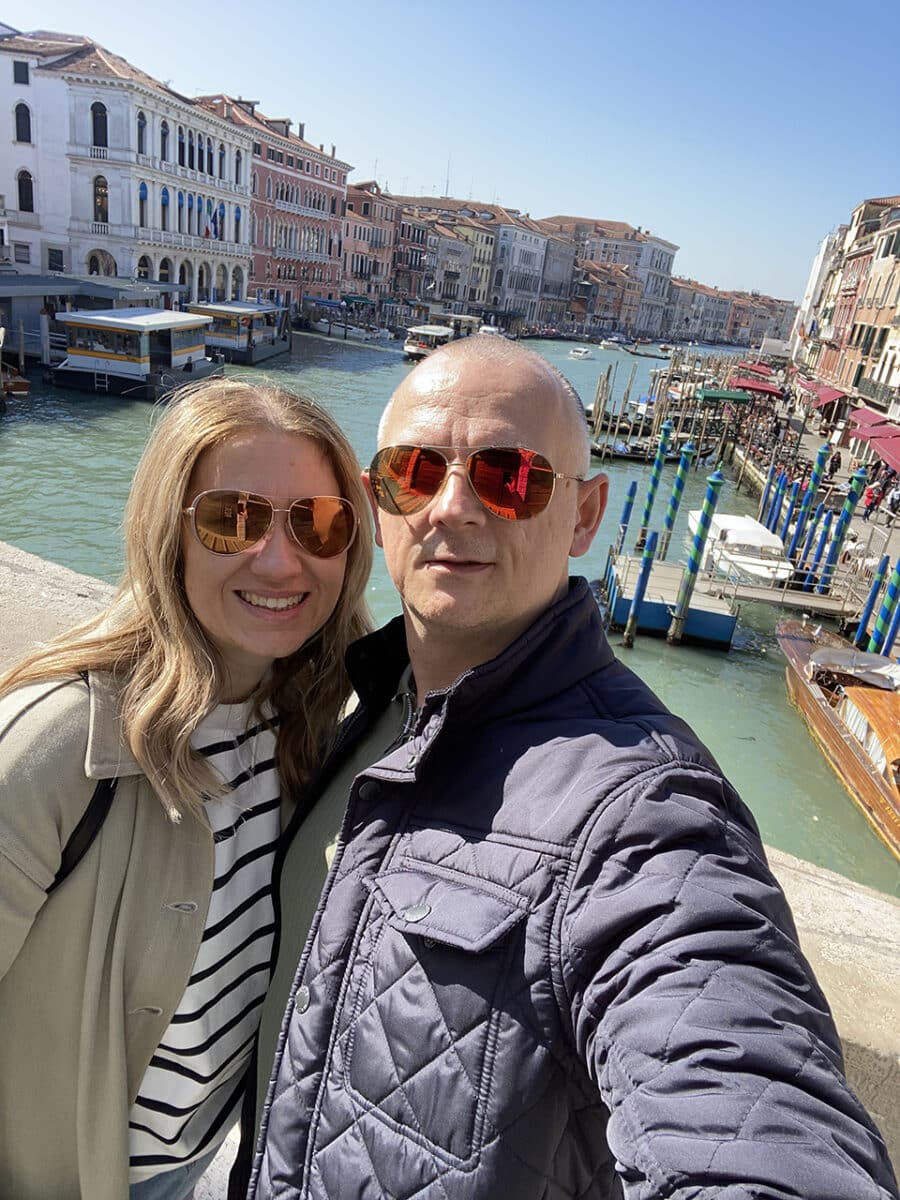 A view out across the canal, Rialto Bridge, Venice.