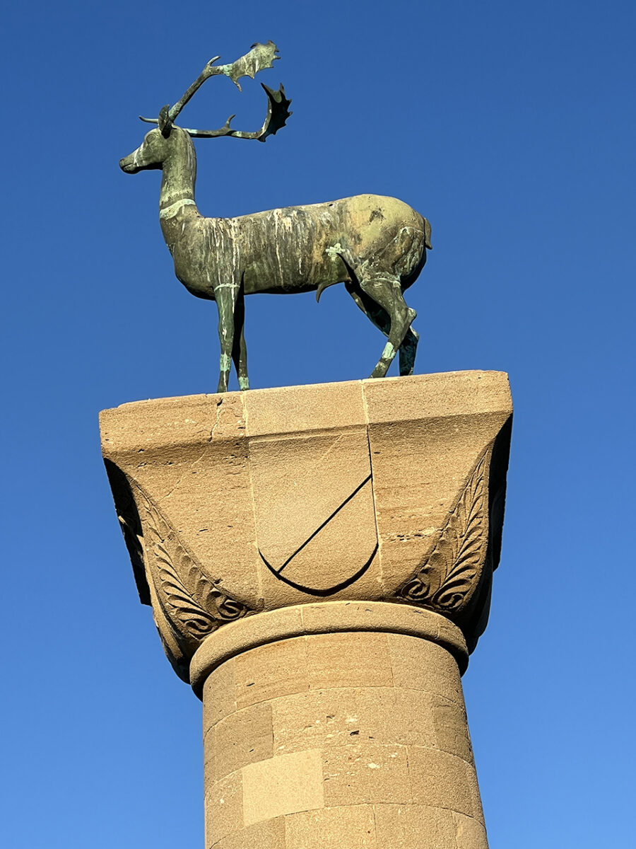 Deer sculptures now stand at the entrance to the port of Rhodes where the Colossus once stood.