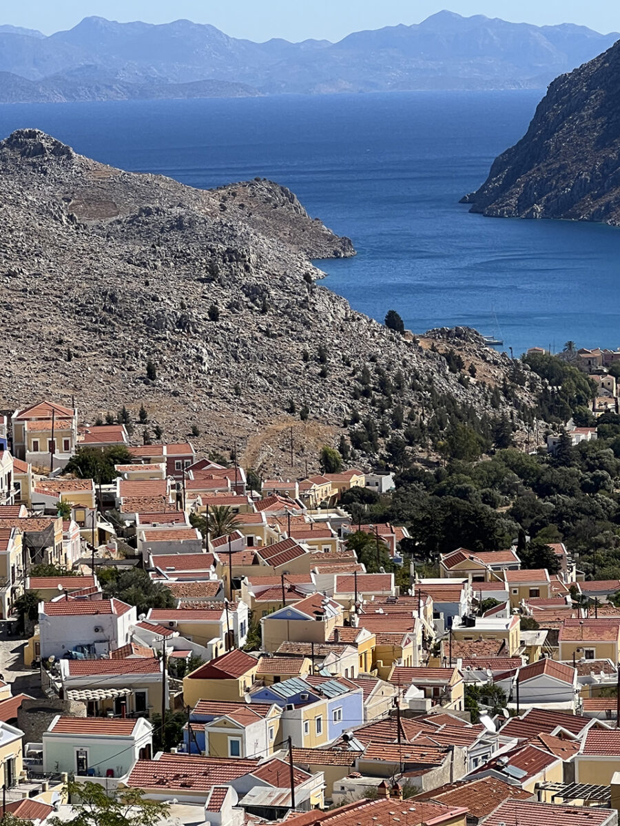 Views out over the bay of Symi and windmills.