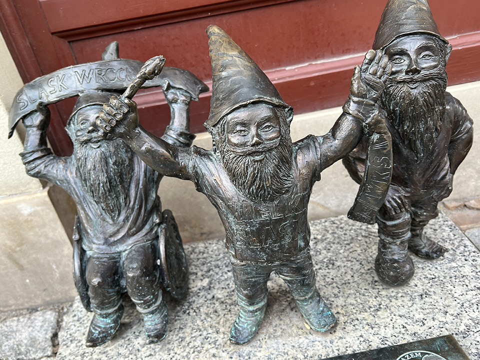 This group of gnomes are fans of the Śląsk Wrocław football club.