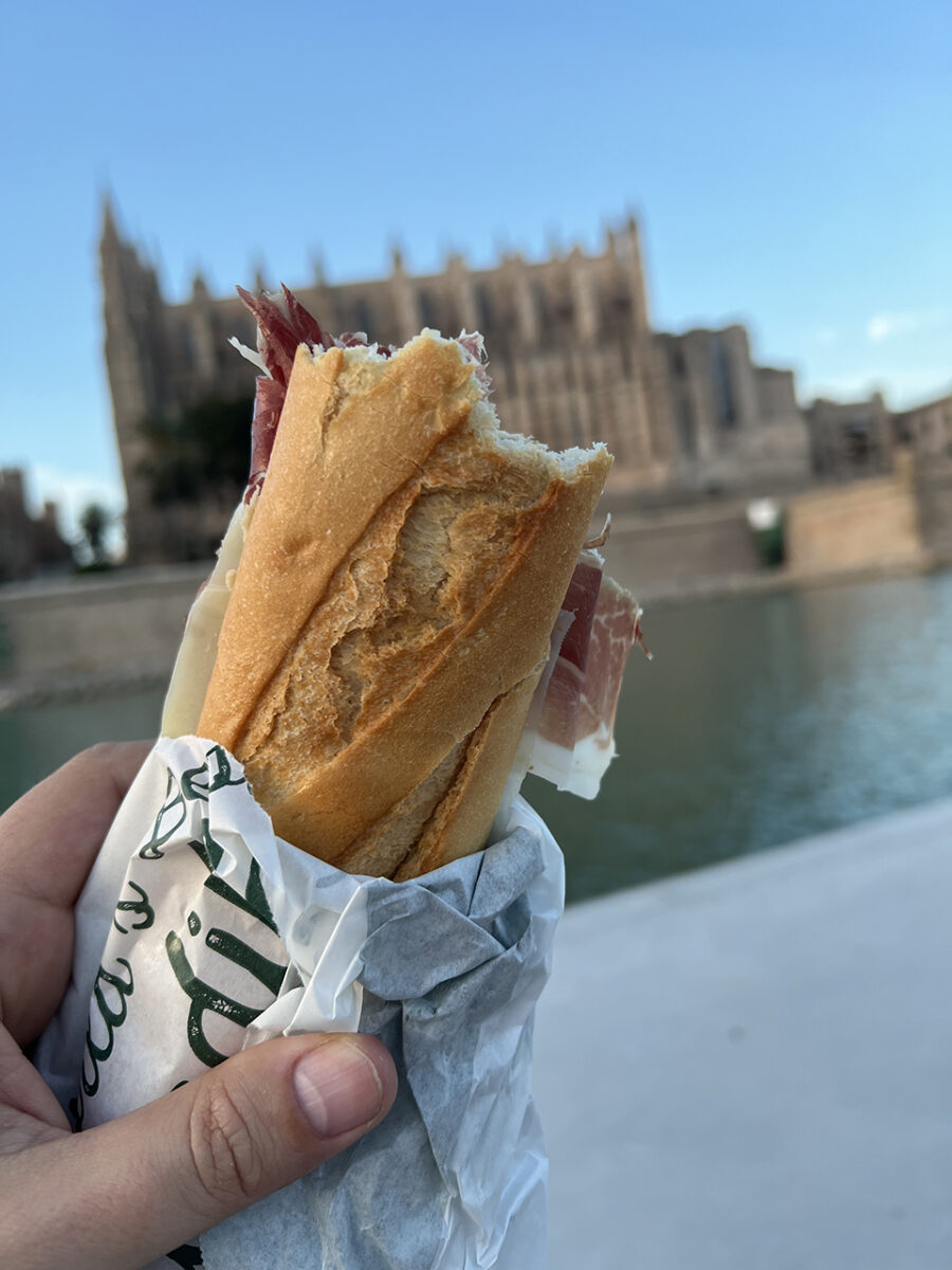 Sandwich as. we wait for sunset, Palma Cathedral.