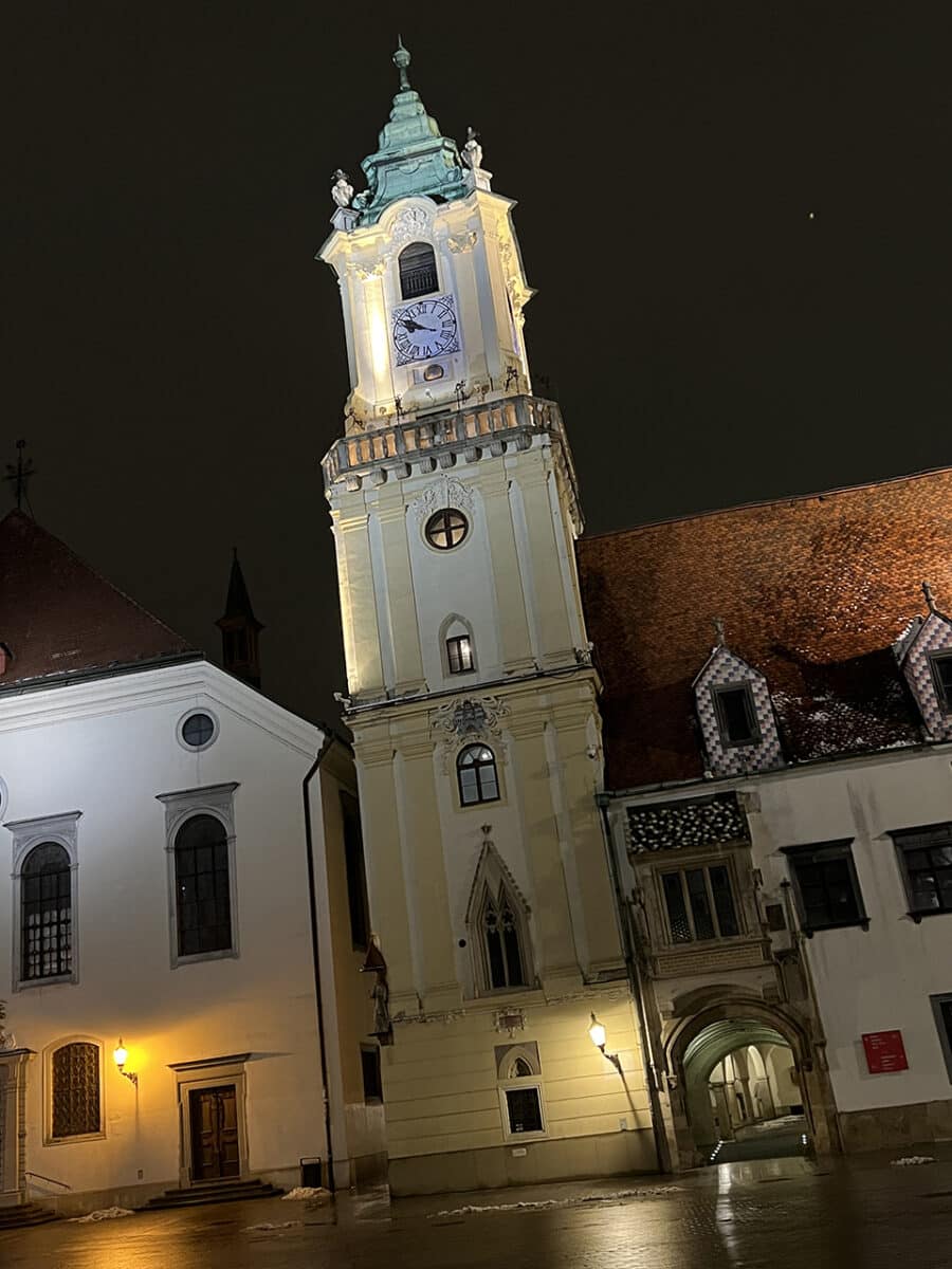 Explore the city of Bratislava by night.