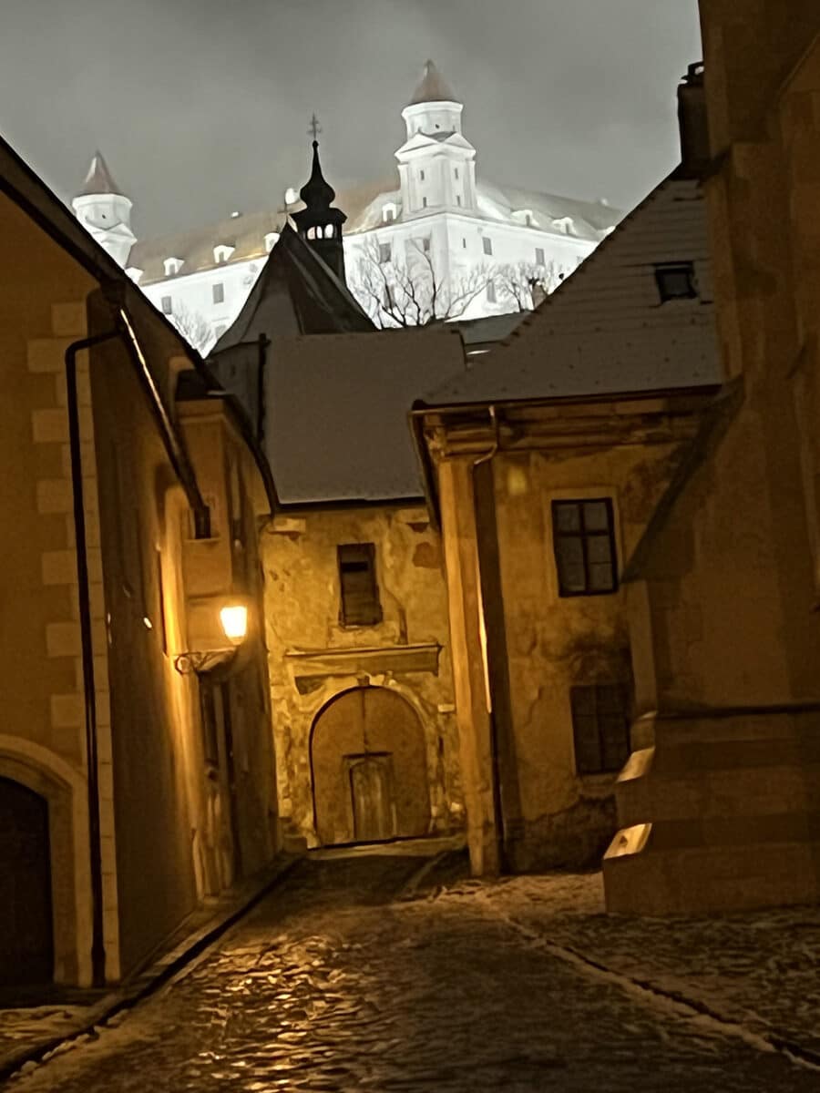 Explore the city of Bratislava by night.